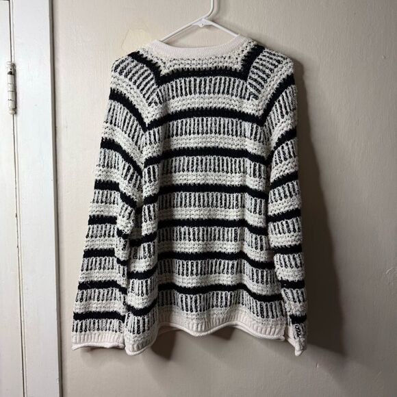 Loft Black White Striped Open Knit Split Neck Pullover Sweater Chunky - Picture 5 of 7